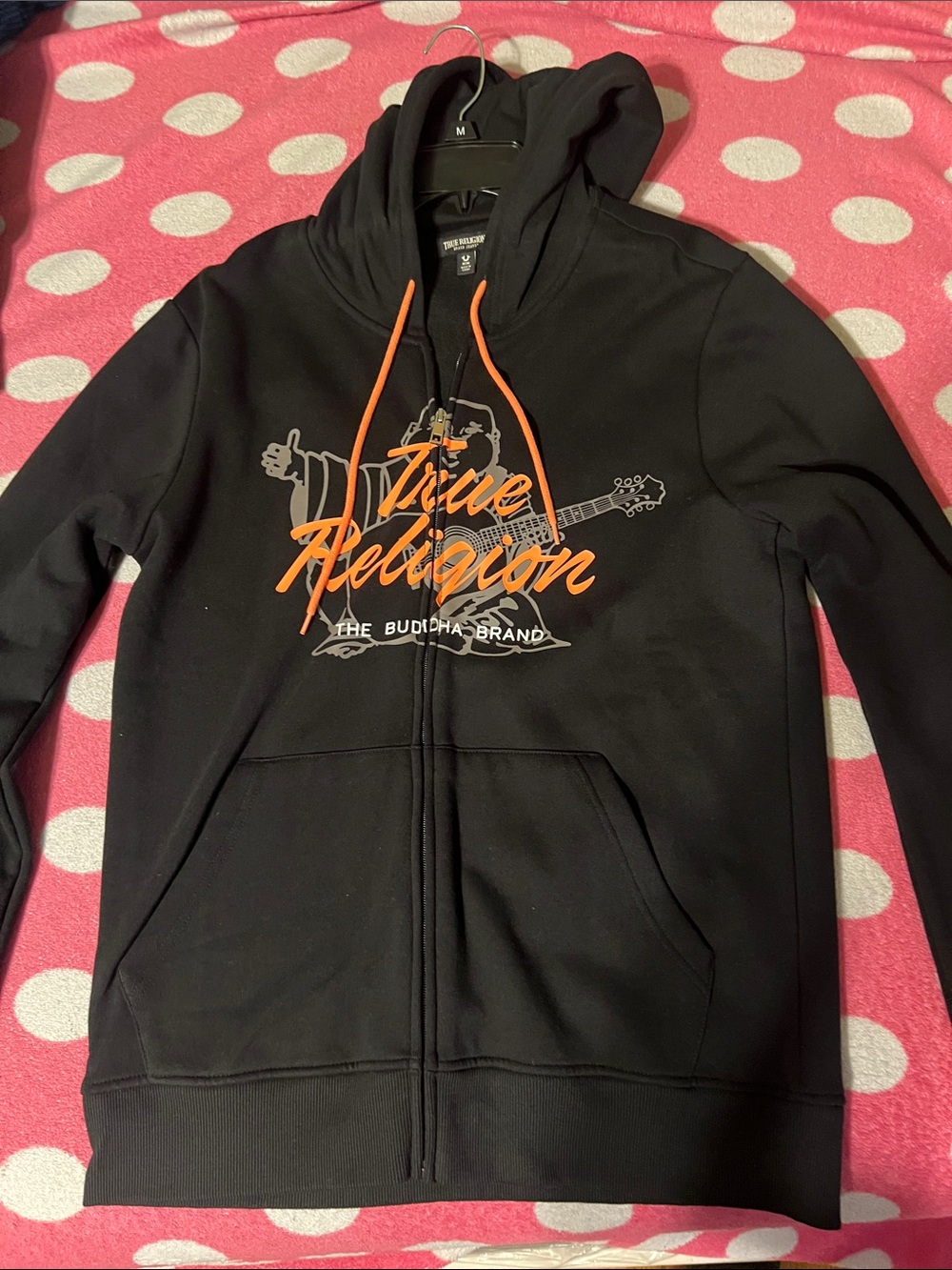 True Religion Black Zip-Up Hoodie with Orange Logo and Drawstrings